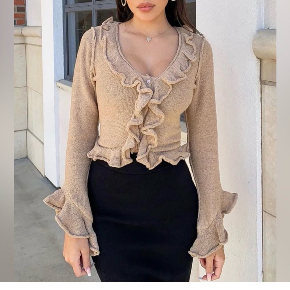 Women's Ruffle-Trim Knit Top in Beige
